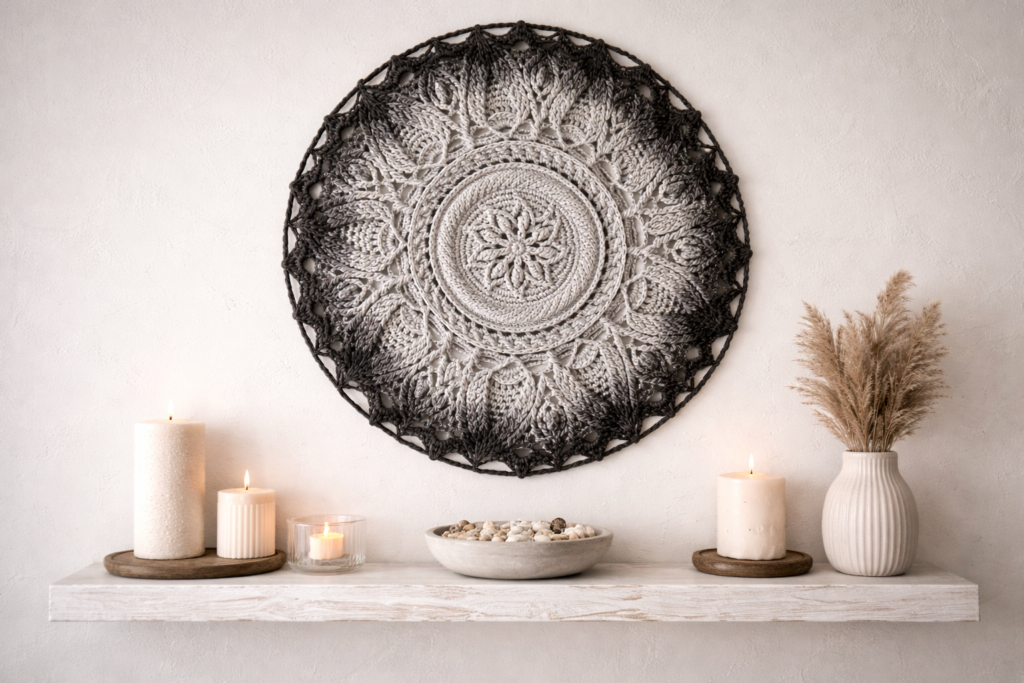 Pilkos spalvos tamsėjantis ombre mandala kilimas „Ulita"