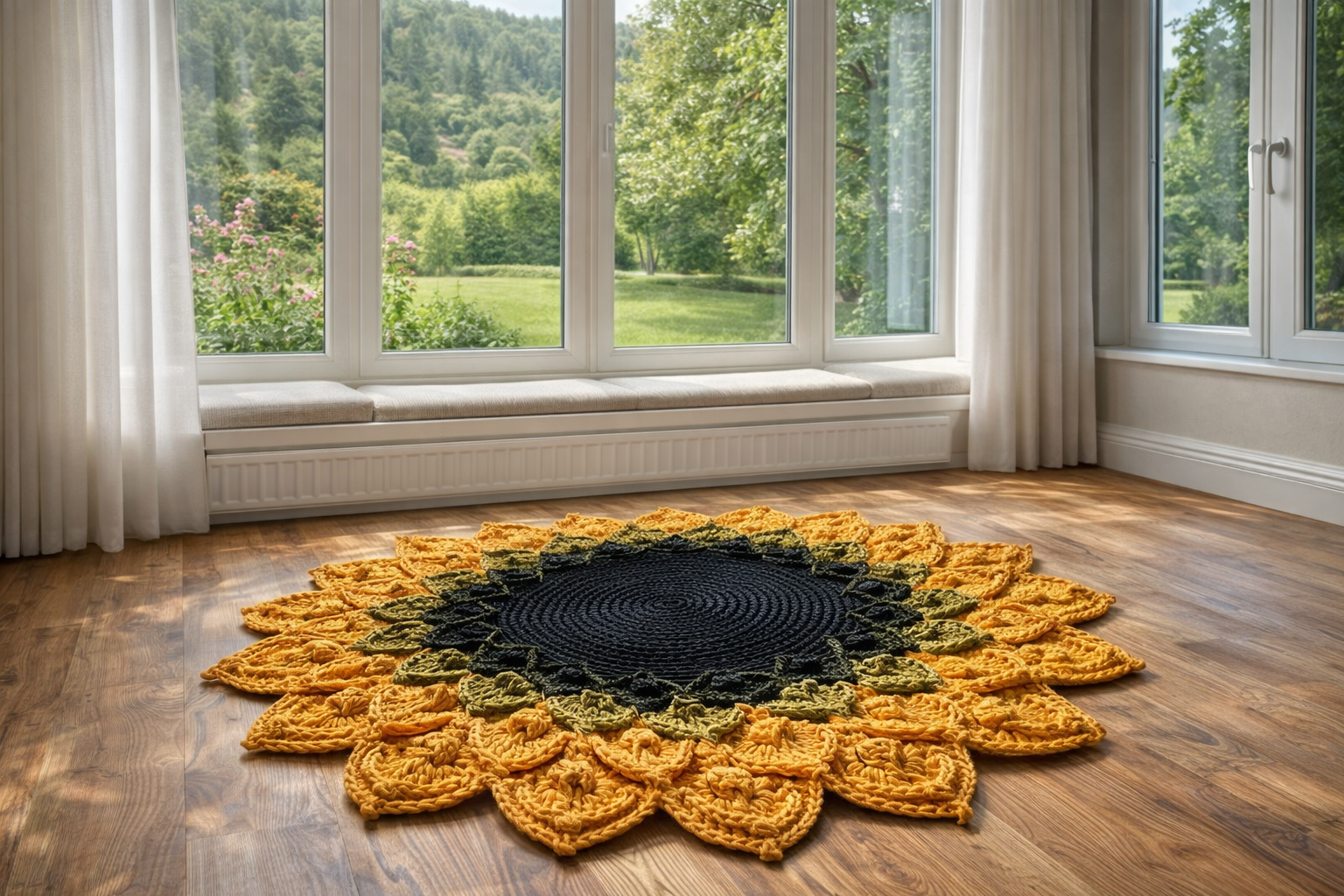 Rankų darbo kilimas „Lotosas“ – Juodos - geltonos spalvos ombre tuščiaviduris - Image 3