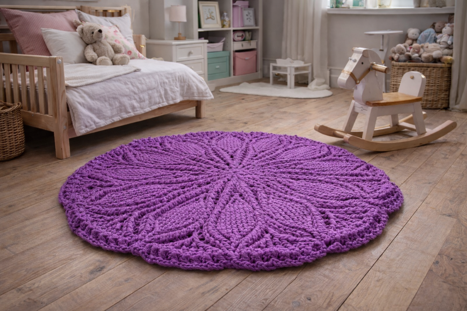 Rankų darbo kilimas „Saulutė“ – Purpurinės violetinės spalvos - Image 2
