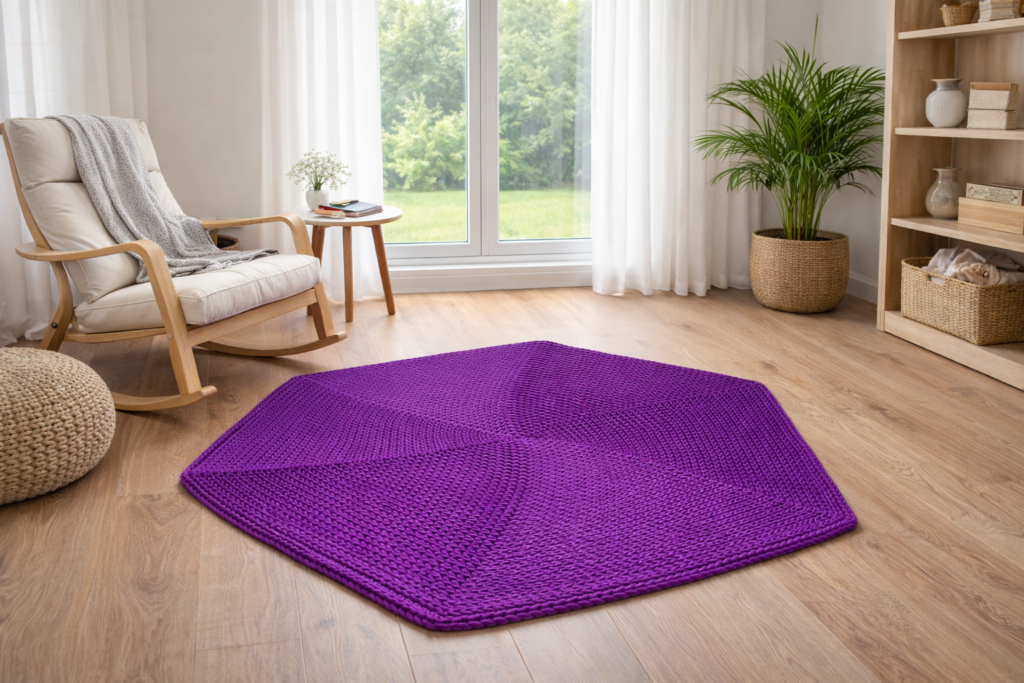 Rankų darbo šešiakampis kilimas „Šešiakampis“ – Purpurinės violetinės spalvos