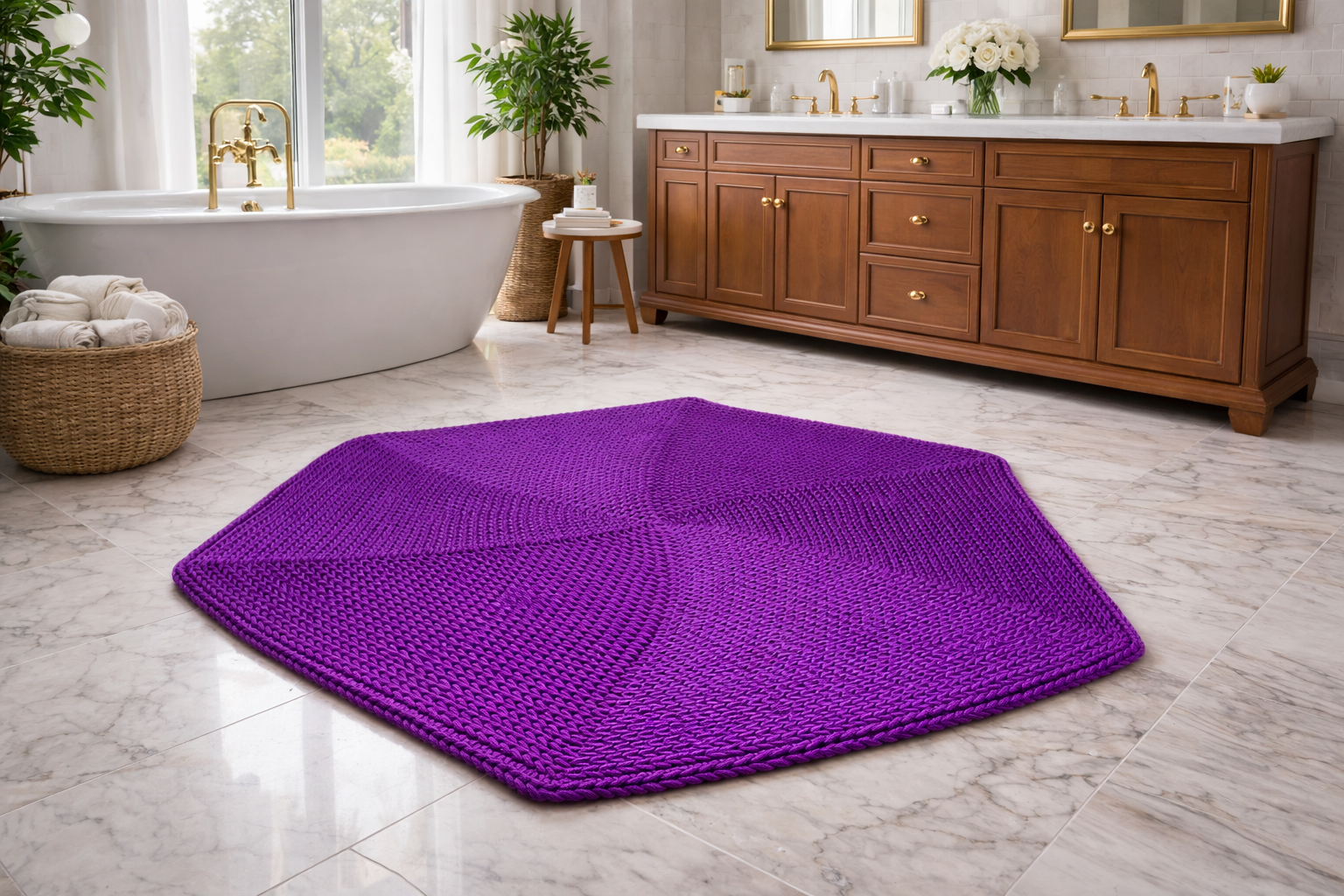 Rankų darbo šešiakampis kilimas „Šešiakampis“ – Purpurinės violetinės spalvos - Image 2
