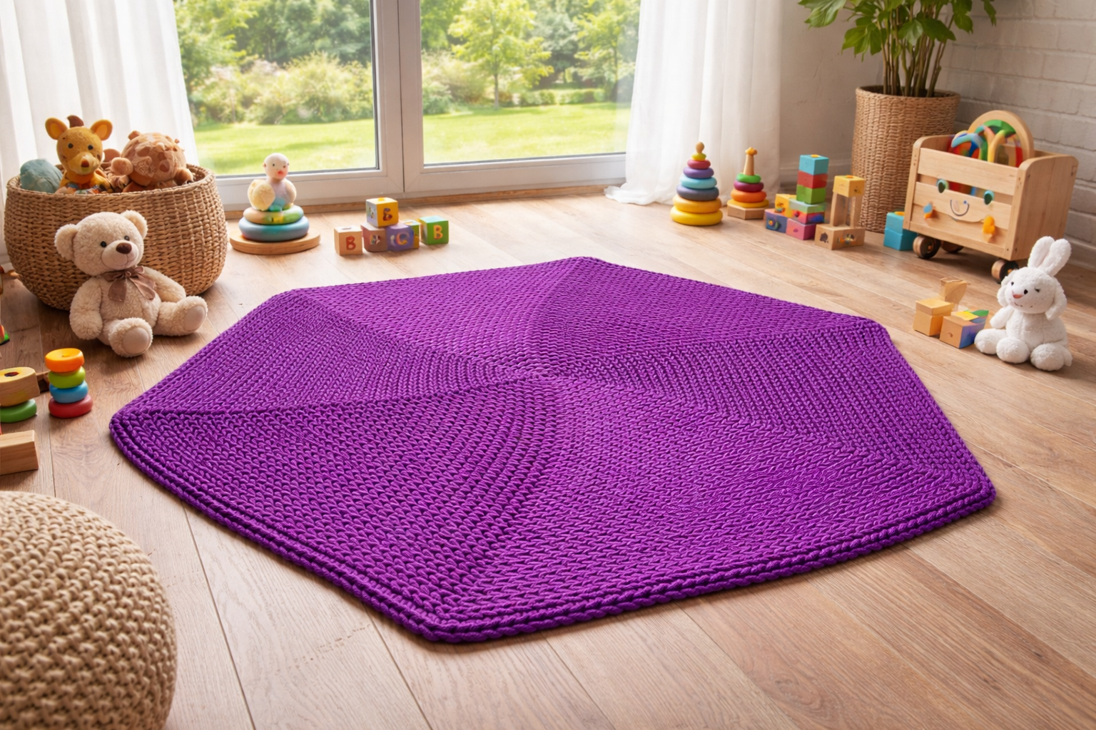 Rankų darbo šešiakampis kilimas „Šešiakampis“ – Purpurinės violetinės spalvos - Image 3