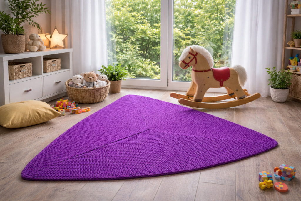 Rankų darbo trikampis kilimas „Trikampis“ – Purpurinės violetinės spalvos